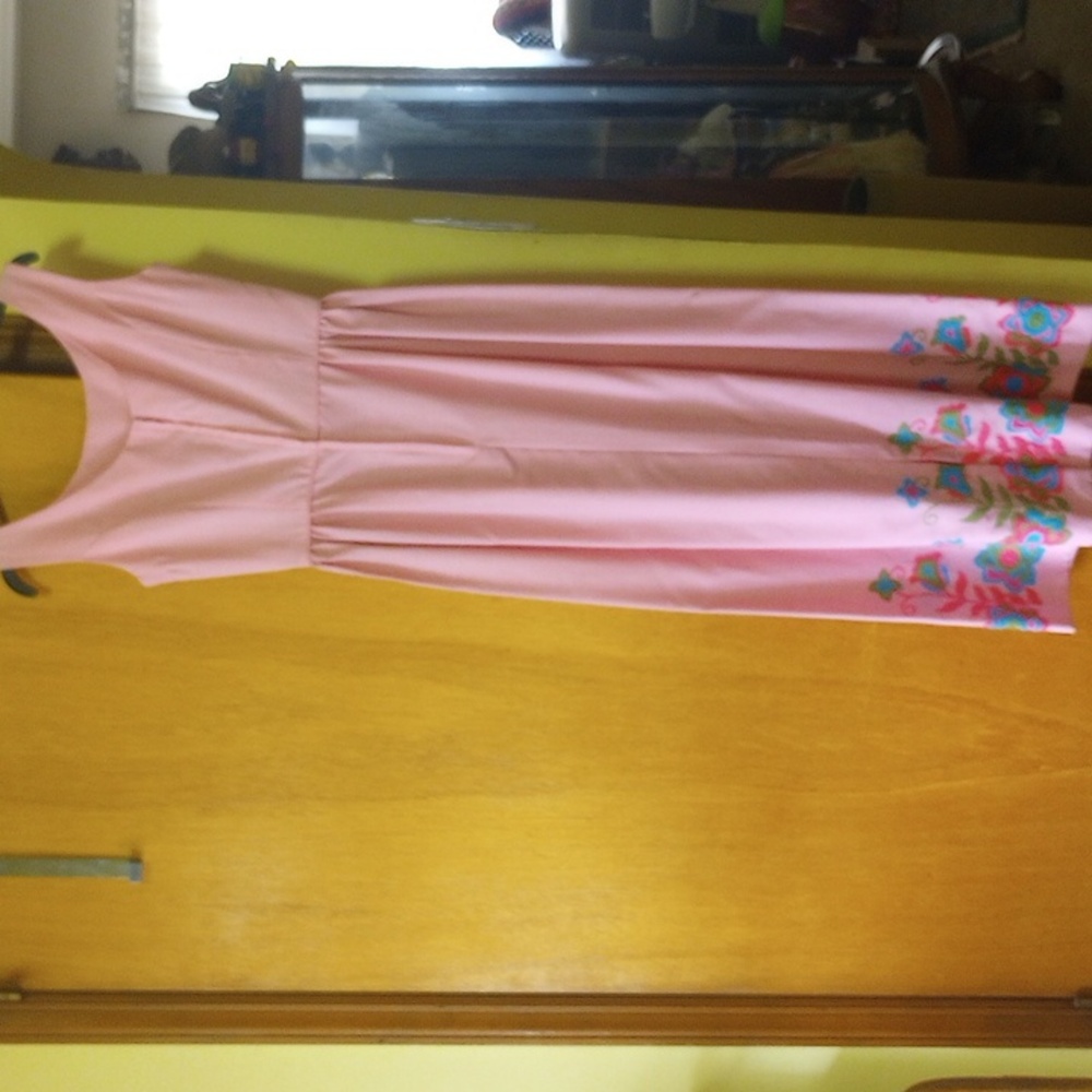 Midge Grant Vtg Retro Pink Floral Sleeveless Embroidered Maxi Dress w/ Crewel - Picture 4 of 6